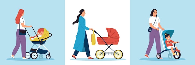 Madres caminando con cochecitos de niño conjunto plano ilustración vectorial aislada