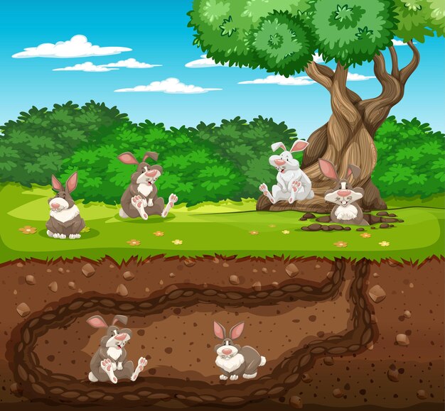 Madriguera de animales subterránea con familia de conejos