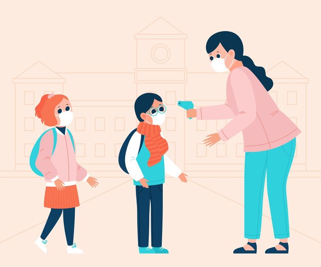 Maestra controlando la temperatura de los niños