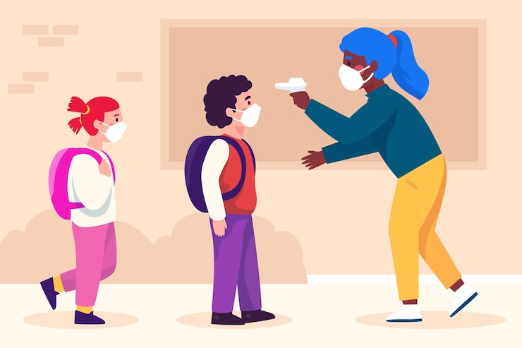 Vector gratuito maestra controlando la temperatura de los niños