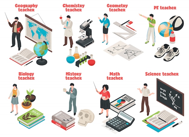 Maestros y escuela con símbolos de biología y geografía aislados isométricos