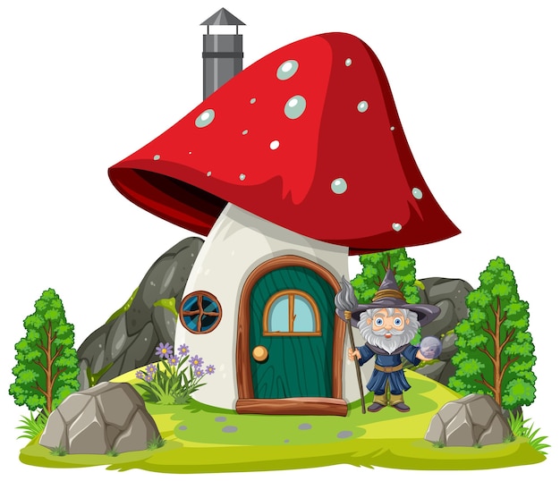 Vector gratuito el mago con la casa de hongos al estilo de los dibujos animados