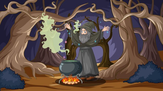 Mago conjurando magia en el bosque encantado