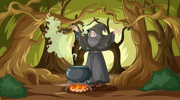 Mago conjurando magia en el bosque encantado