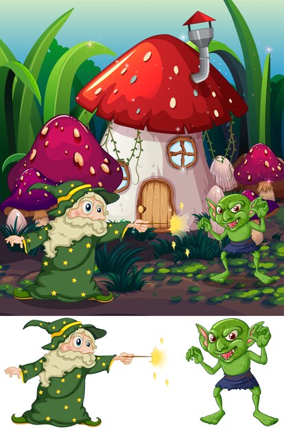 Mago y duende en la naturaleza.