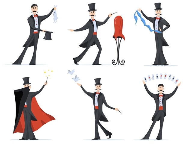 Mago con estilo que muestra el conjunto plano de trucos de magia