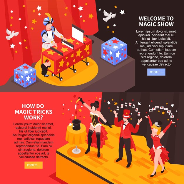 Mago isométrico que muestra pancartas horizontales con texto más botón e imágenes de magos en el escenario