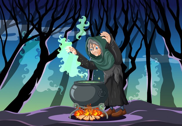 Mago o bruja con bote mágico en la escena del bosque oscuro