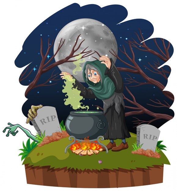 Mago o bruja con bote mágico y tumba en bosque oscuro aislado sobre fondo blanco.