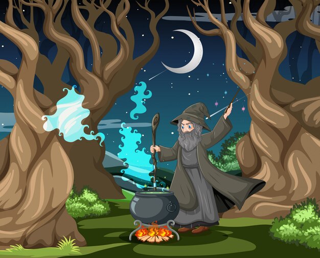 Mago o bruja con olla mágica en la escena del bosque oscuro