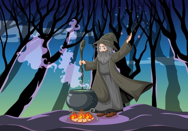 Mago o bruja con olla mágica en la escena del bosque oscuro