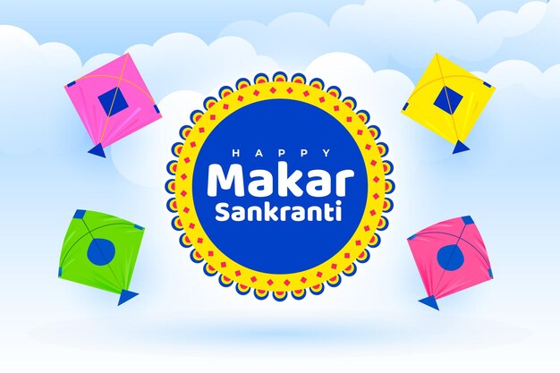 Makar Sankranti el fondo del cielo nublado con cometas de colores