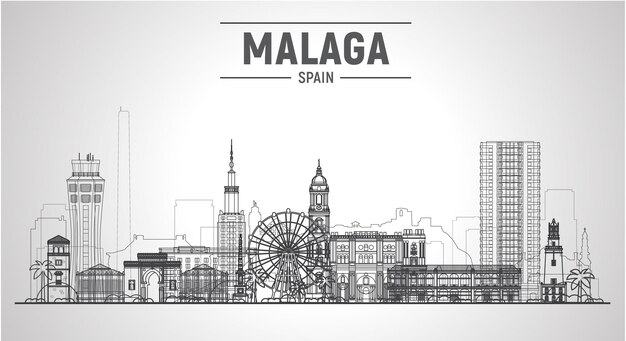 Málaga España Andalucía línea horizonte con panorama en fondo blanco Ilustración vectorial Concepto de viajes y turismo de negocios con edificios modernos Imagen para banner o sitio web