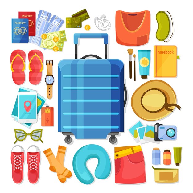 Maleta y contenidos iconos planos composición de imágenes aisladas con pertenencias personales de ilustración de vector de viajero de vacaciones de verano