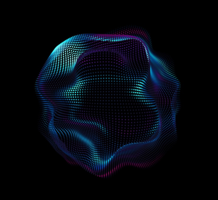 Vector gratuito malla colorida del vector abstracto en fondo oscuro. tarjeta de estilo futurista. fondo elegante para presentaciones de negocios. esfera puntual dañada. estética del caos