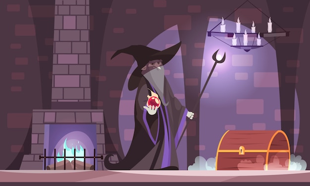 Malvado mago en el sombrero de bruja malvada con bola de poder cofre del tesoro en la cámara del castillo oscuro de dibujos animados