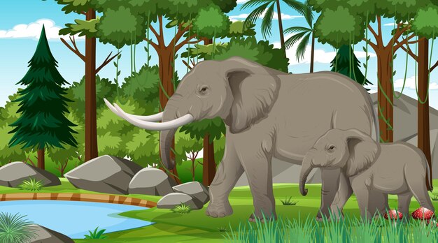 Mamá y bebé elefante en escena de bosque o selva tropical con muchos árboles