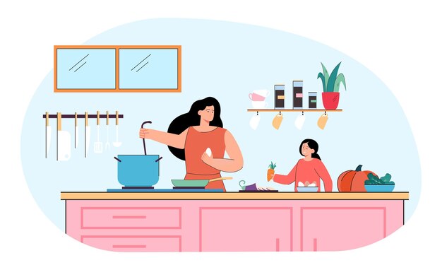 Mamá e hija cocinan platos de verduras juntos en la cocina. Dibujos animados mujer joven y niña haciendo comida en casa ilustración vectorial plana. Familia, maternidad, paternidad, concepto de comida saludable para banner