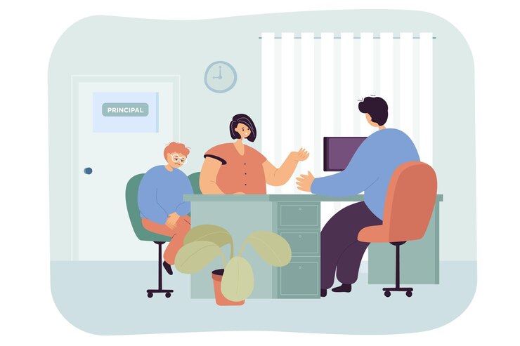 Vector gratuito mamá e hijo de dibujos animados en la oficina principal. director sentado en la mesa, mujer y niño en la sala del director de la escuela ilustración vectorial plana. familia, educación, concepto de comportamiento infantil para banner.