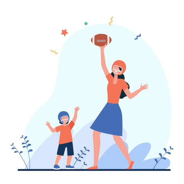 Mamá e hijo jugando al fútbol. Madre e hijo en cascos lanzando y atrapando pelota ilustración plana