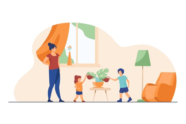 Mamá enseñando a los niños a cuidar las plantas caseras. Niños regando plantas de interior en casa ilustración plana
