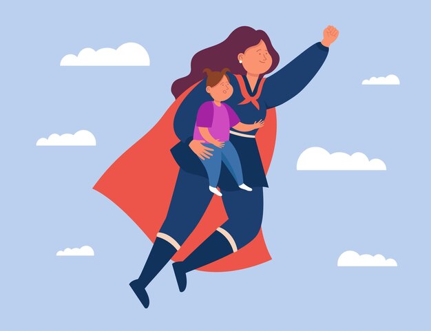 Mamá ocupada vestida de superhéroe volando con su hija. Feliz joven madre sosteniendo a la niña, traje de héroe ilustración vectorial plana. Familia, concepto de maternidad para banner, diseño de sitio web o página web de inicio