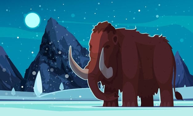 Mamut antiguo en zona nevada con rocas en ilustración de vector de dibujos animados de fondo