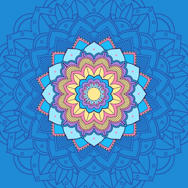 Mandala en color azul y amarillo.