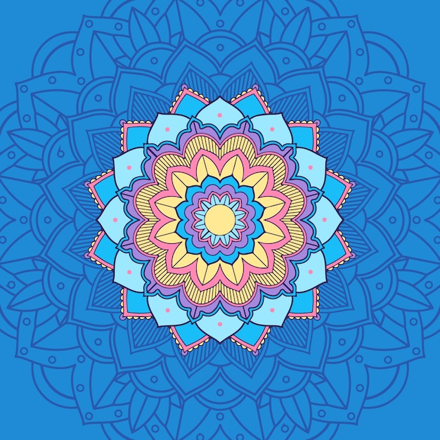 Mandala en color azul y amarillo.