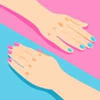 Vector gratuito manicura isométrica con manos femeninas con uñas rosadas y azules 3d aislado