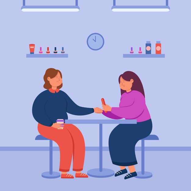 Manicura y tratamiento de uñas para dama en salón de belleza spa. Técnica femenina y mujer sentada en la mesa en el interior con muebles y cosméticos en estantes ilustración vectorial plana. concepto de estilo de vida