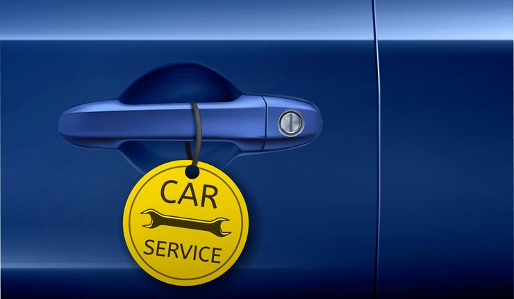 Vector gratuito manija de la puerta de la bandera del anuncio del servicio del coche con la etiqueta amarilla