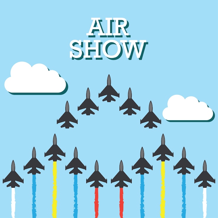 Vector gratuito maniobras de un avión de combate en el cielo azul para la bandera de espectáculo aéreo. ilustración vectorial