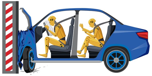 Maniquí de prueba de choque con coche roto