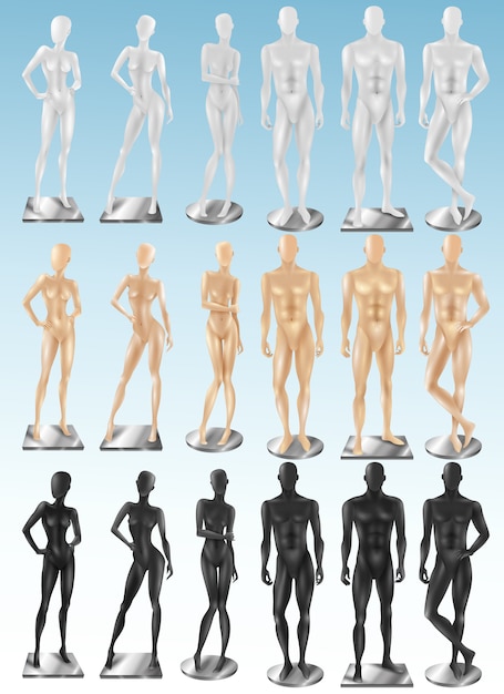 Vector gratuito maniquíes 3 colores realistas conjuntos