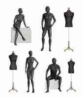 Vector gratuito maniquíes conjunto de colores realistas de imágenes de maniquí negro aislado con modelos masculinos y femeninos y perchas ilustración vectorial