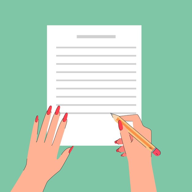 Mano del autor escribiendo una carta de papel en el escritorio, vista superior. Mujer que sostiene el lápiz para la ilustración de vector plano de papeleo. Mensaje, creación, concepto de correo para banner, diseño de sitio web o página web de destino