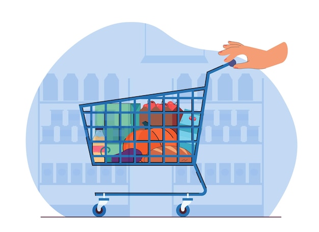 Vector gratuito mano en carrito de compras con diferentes comestibles o productos. persona que compra comida en el supermercado o en la tienda en línea ilustración vectorial plana. concepto de compras para banner, diseño de sitio web o página de destino