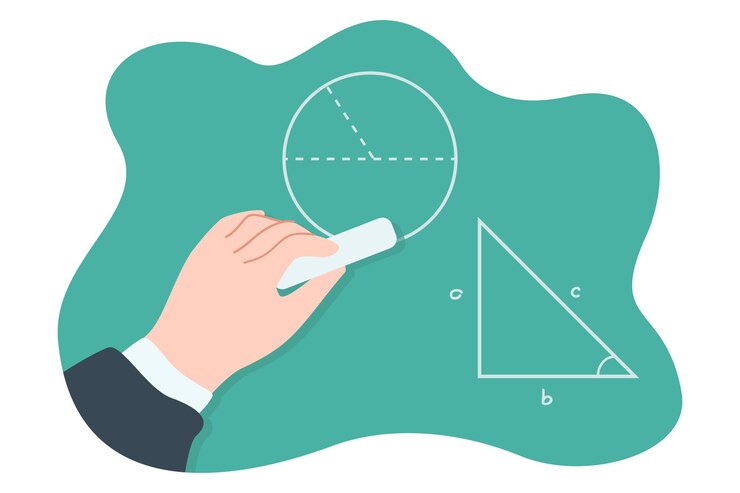 Vector gratuito mano con círculo de dibujo de tiza a bordo ilustración vectorial plana. estudiante o alumno manejando tareas de geometría en pizarra, triángulo de rastreo. educación, álgebra, concepto escolar.