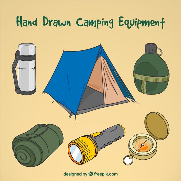 A mano la colección dibujado equipo de campamento
