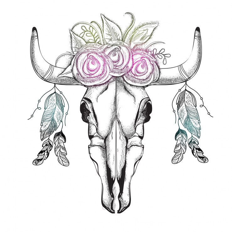 Vector gratuito mano creativa ilustración dibujada de la cabeza de toro con corona de flores y plumas étnicas, elemento de estilo boho.
