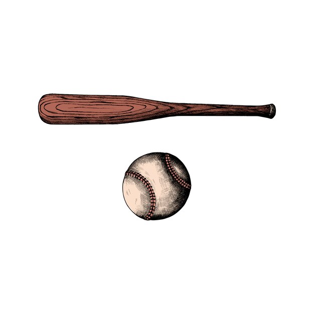 Mano dibujada bate de béisbol y pelota