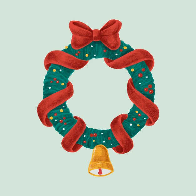 Mano dibujada guirnalda de Navidad con lazo rojo y campana