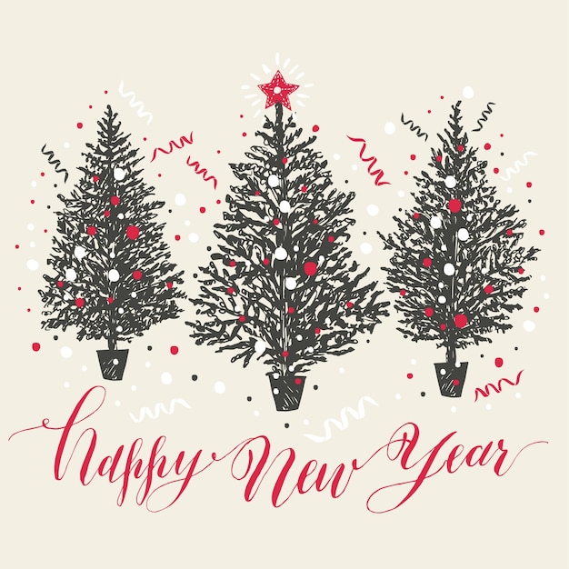 Mano dibujada tarjeta de Navidad. Árboles de año nuevo con nieve y confeti