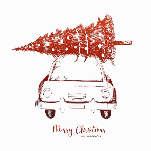 Mano dibujar árbol entrega coche bosquejo navidad fondo