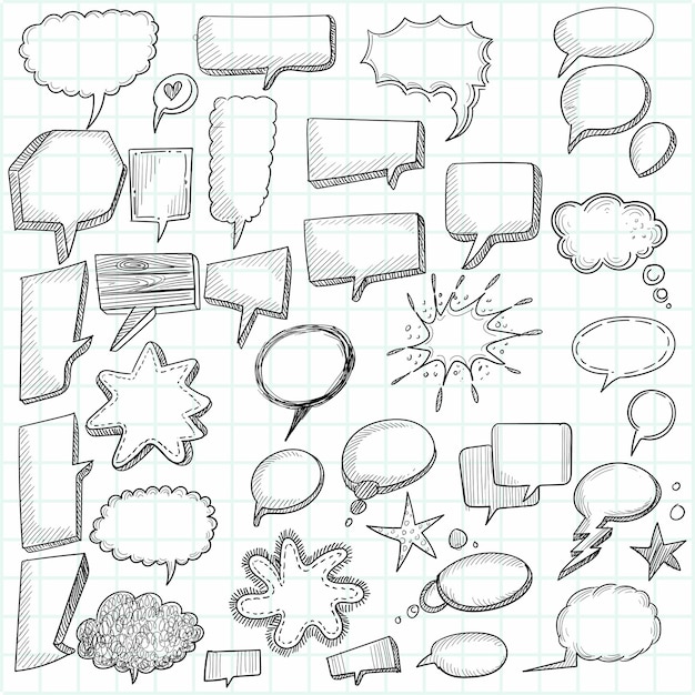 Mano dibujar doodle boceto de burbujas de chat de discurso en blanco