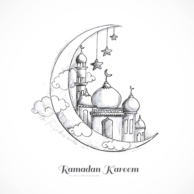 Mano dibujar luna bosquejo ramadan kareem tarjeta diseño