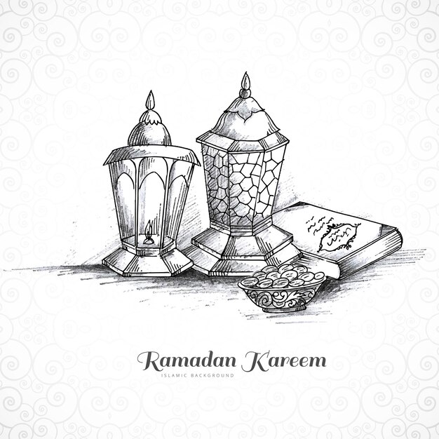 Mano dibujar ramadan kareem lámpara islámica boceto fondo