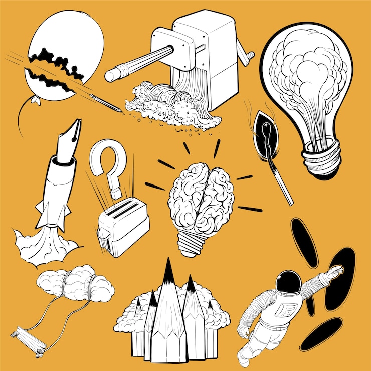 Vector gratuito mano dibujo conjunto de ilustración de concepto de ideas creativas