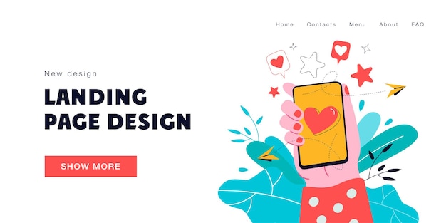 Mano femenina sosteniendo el teléfono con el corazón en la pantalla ilustración vectorial plana aislada. Maqueta de teléfono móvil de dibujos animados y envío de mensajes de amor o chat. Concepto de comunicación y redes sociales.